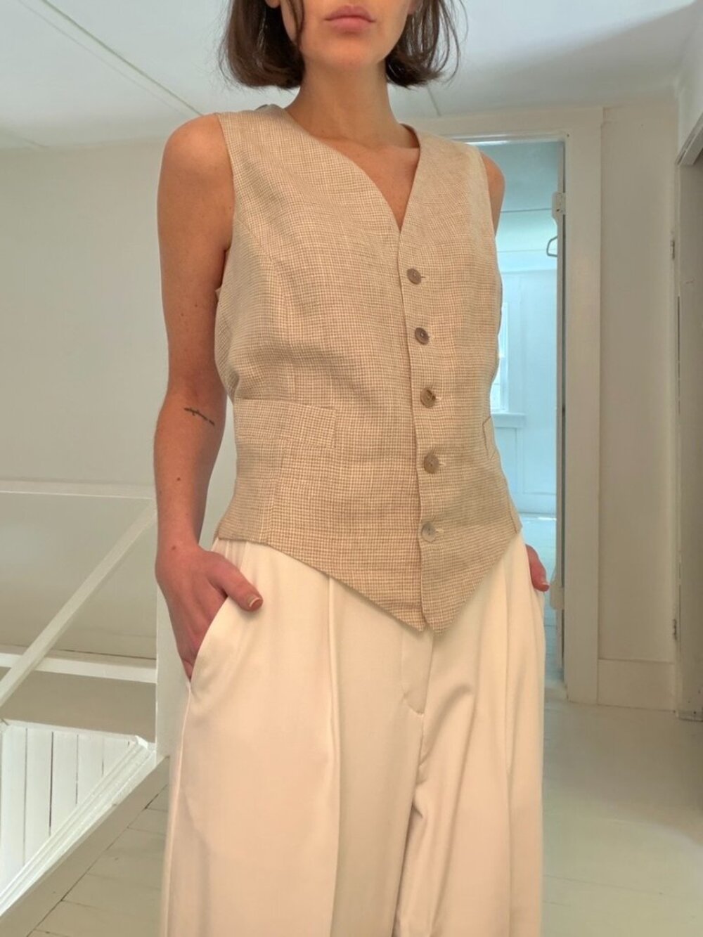 Rue Blanche Vintage 90s Linen Houndstooth Suit Vest Size 1 Beige